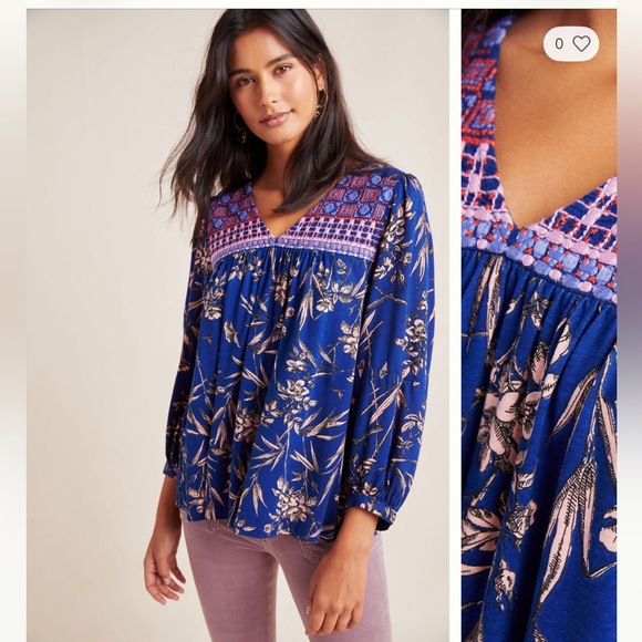 Anthropologie Floral Embroidered V Neck Top Size S - Picture 3 of 11